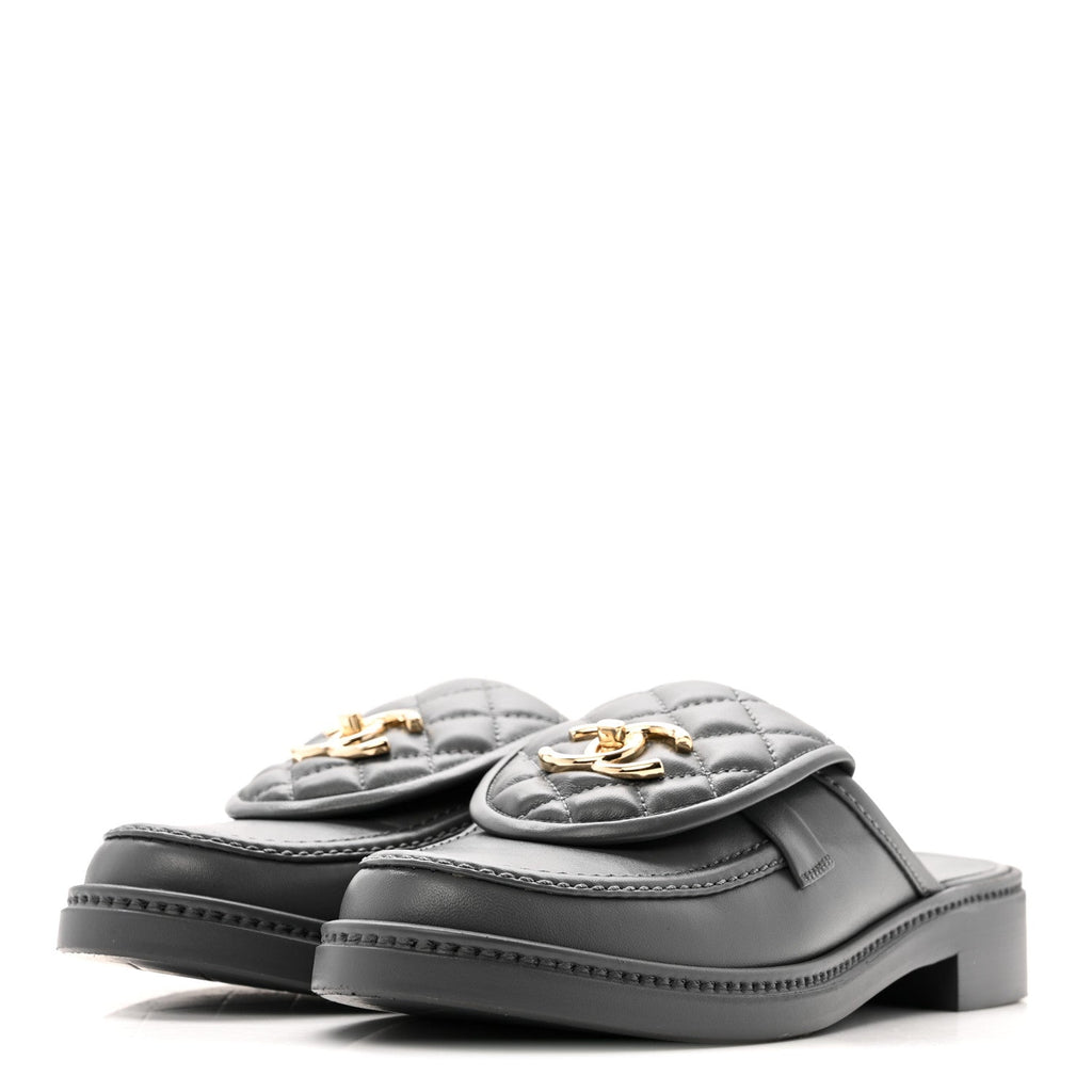 Lambskin Quilted CC Turnlock Mules 37.5 Grey