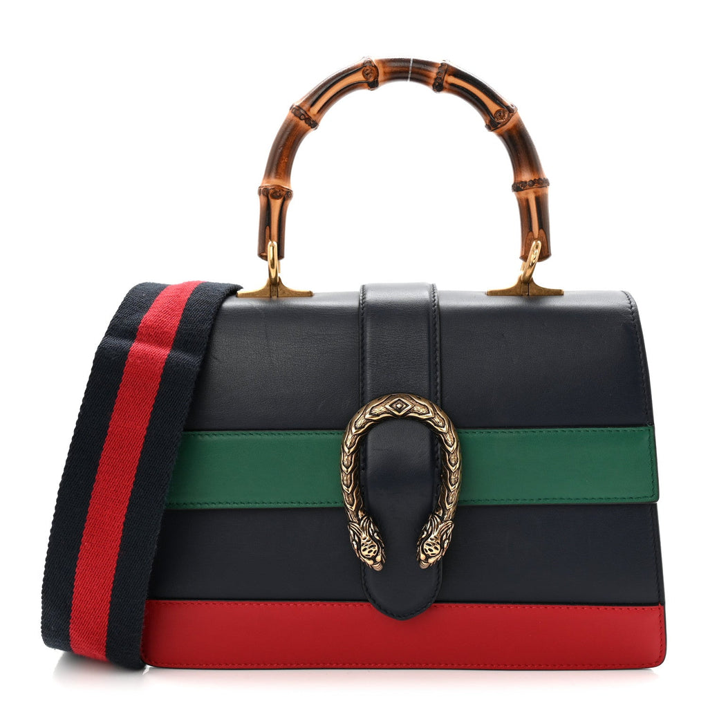 Gucci Moon Calfskin Bamboo Web Medium Dionysus Top Handle Bag Blue Emerald Hibiscus Red