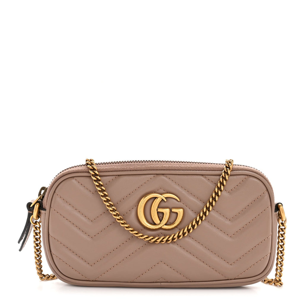 Gucci Calfskin Matelasse Mini GG Marmont Chain Crossbody Bag Porcelain Rose