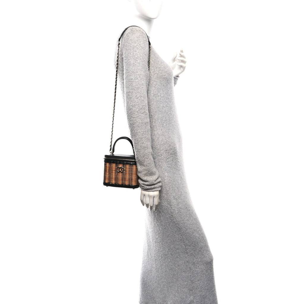 Chanel Calfskin Raffia Small Vanity Case Bag Black Beige