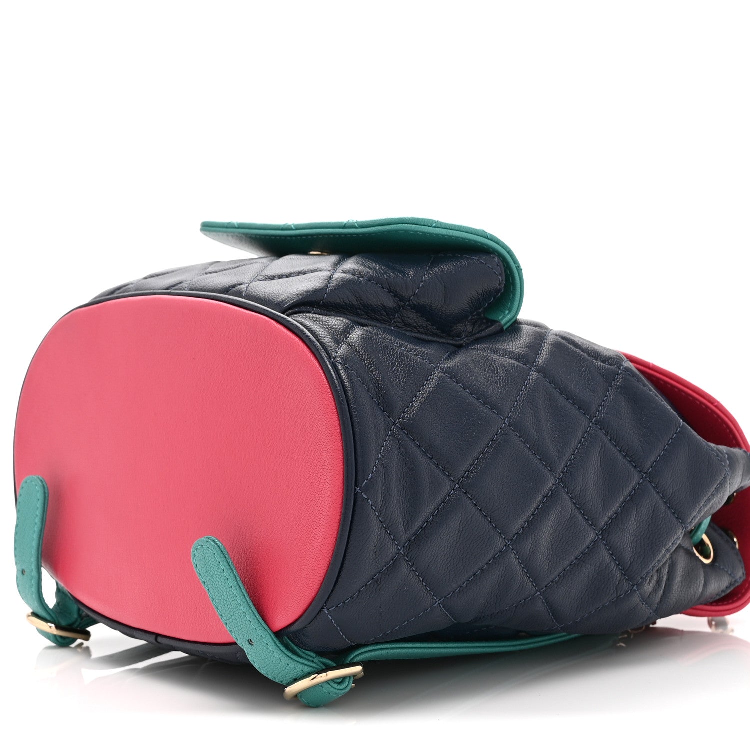 Chanel Goatskin Quilted Duma Drawstring Backpack Navy Turquoise Pink