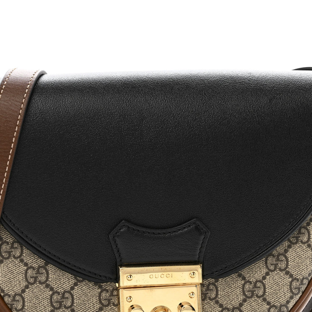 Gucci GG Supreme Monogram Calfskin Small Padlock Messenger Shoulder Bag Beige Black Cuir