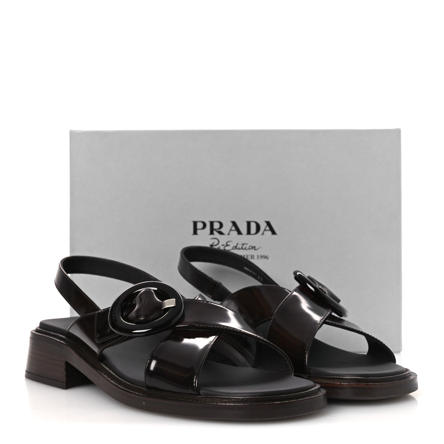 Prada Spazzolato Fume Re-Edition 1996 Buckle Sandals 41 Bruciato