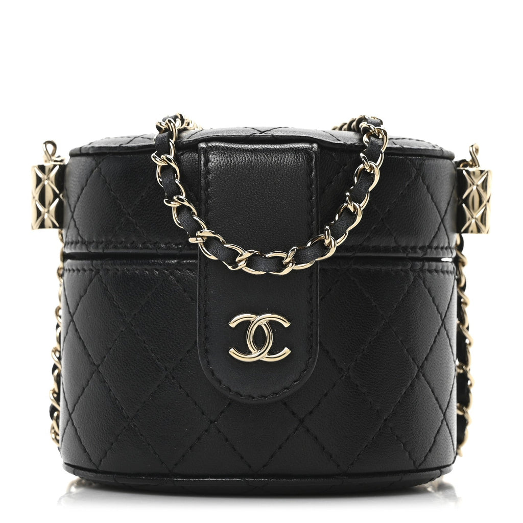 Chanel Lambskin Quilted Mini Round Vanity Case With Chain Black