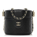 Chanel Lambskin Quilted Mini Round Vanity Case With Chain Black