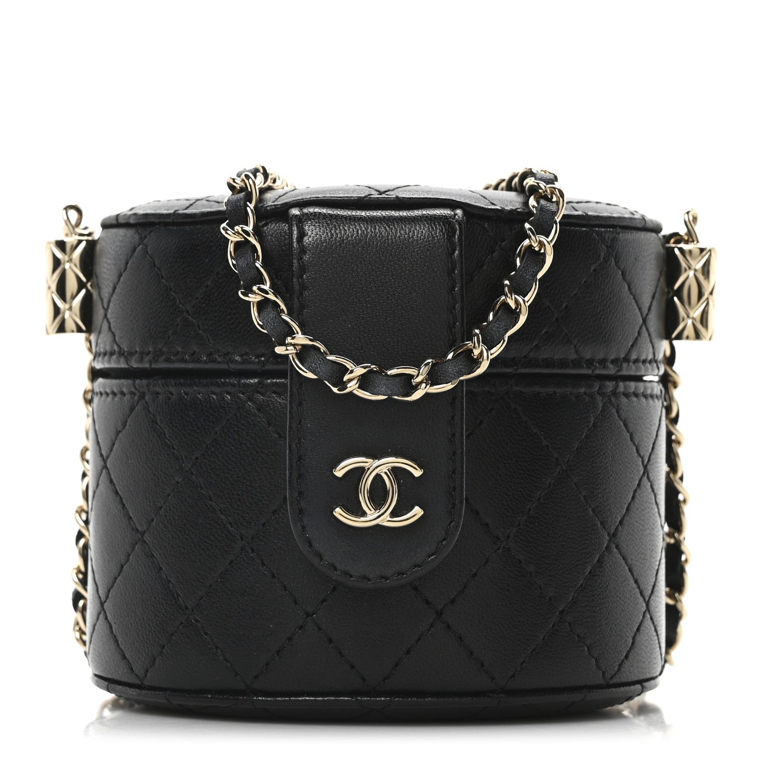 Chanel Lambskin Quilted Mini Round Vanity Case With Chain Black