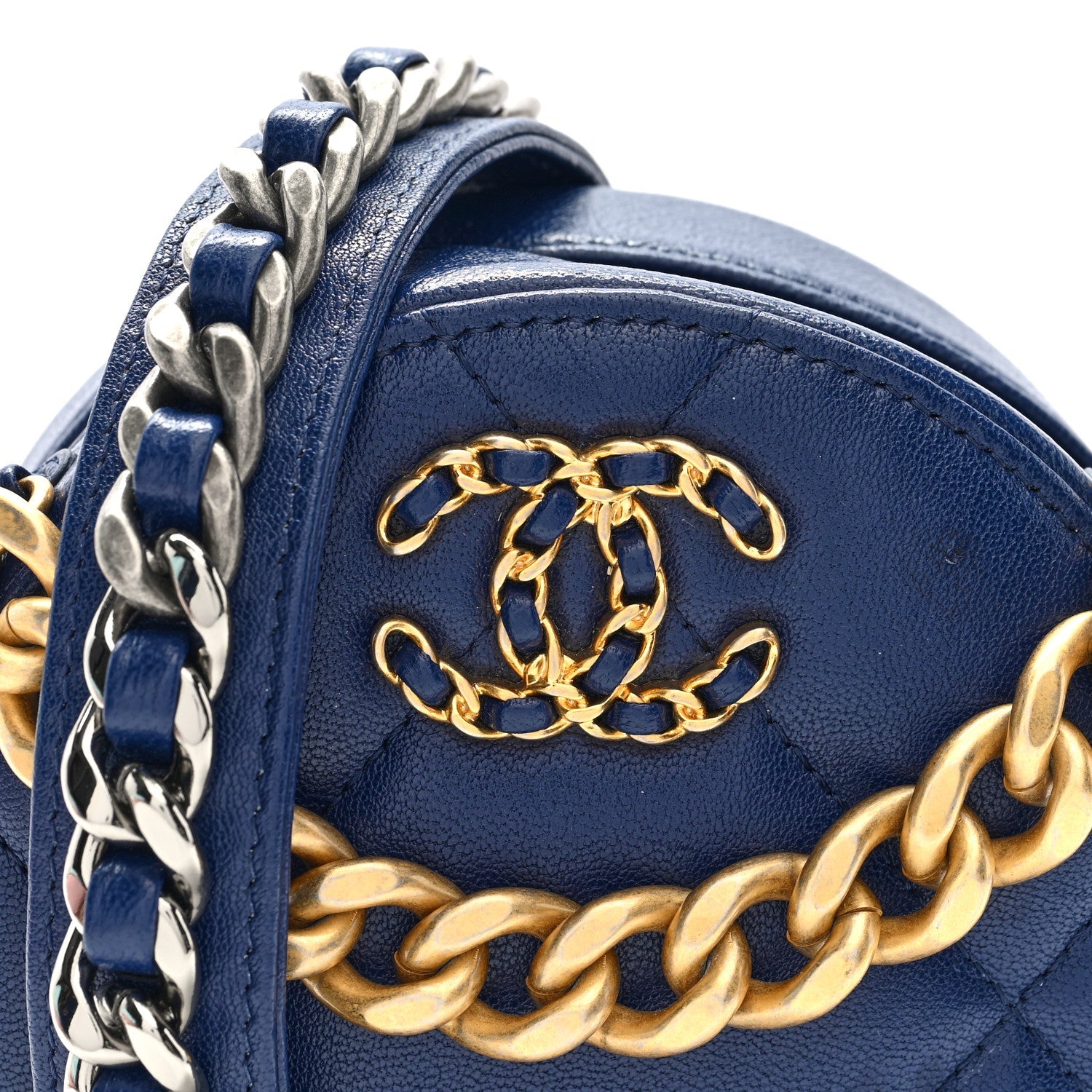 Chanel Lambskin Quilted Chanel 19 Round Clutch With Chain  Navy