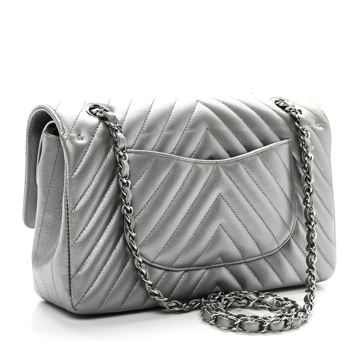 Chanel Metallic Caviar Chevron Quilted Medium Double Flap Silver
