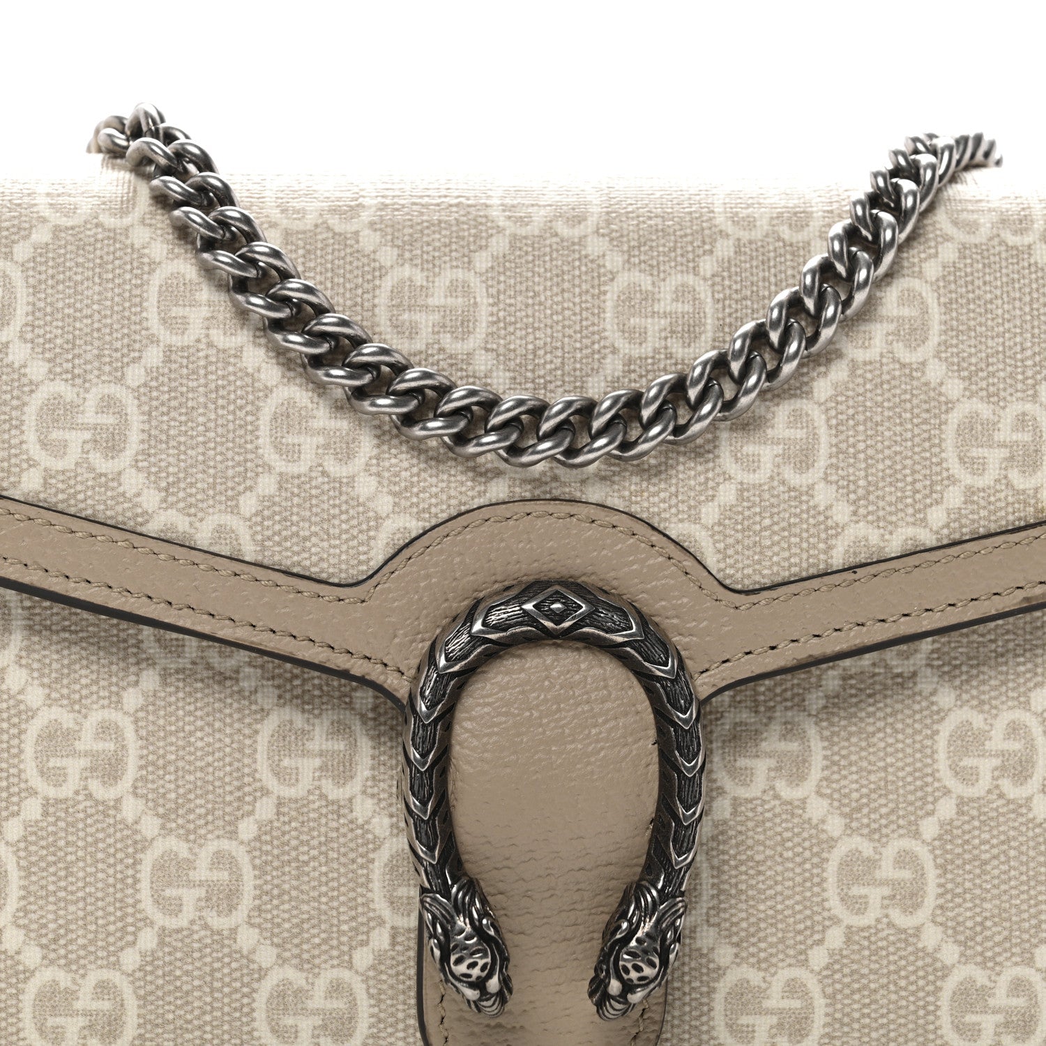Gucci GG Supreme Monogram Textured Dollar Calfskin Mini Dionysus Chain Wallet Beige Mystic White Oatmeal