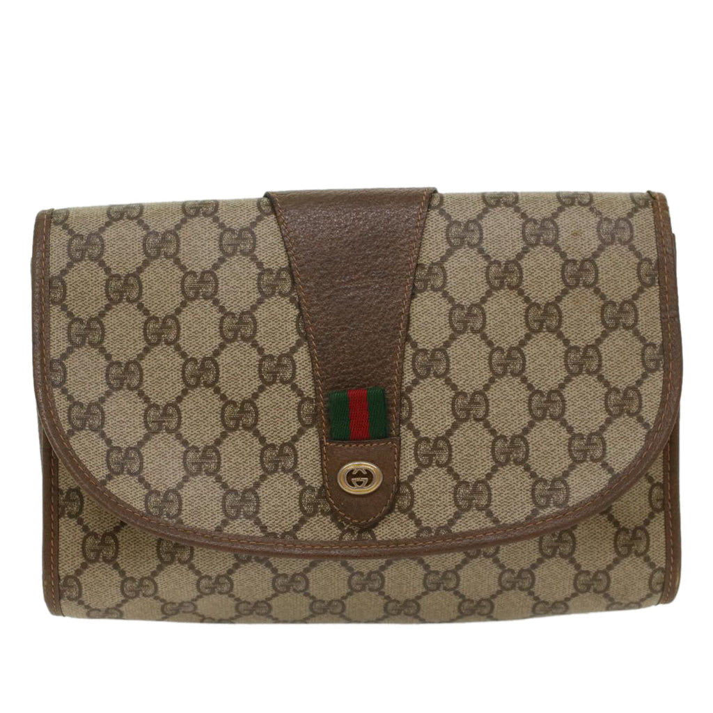 GUCCI GG Canvas Web Sherry Line Clutch Bag PVC Leather Beige Red  48450