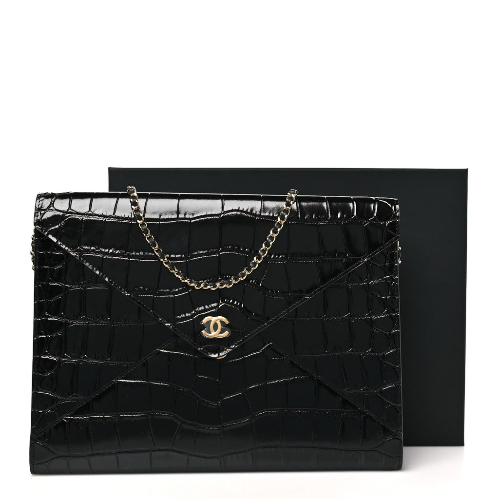 Chanel Calfskin Crocodile Embossed Croc Illusion Clutch With Chain  Black