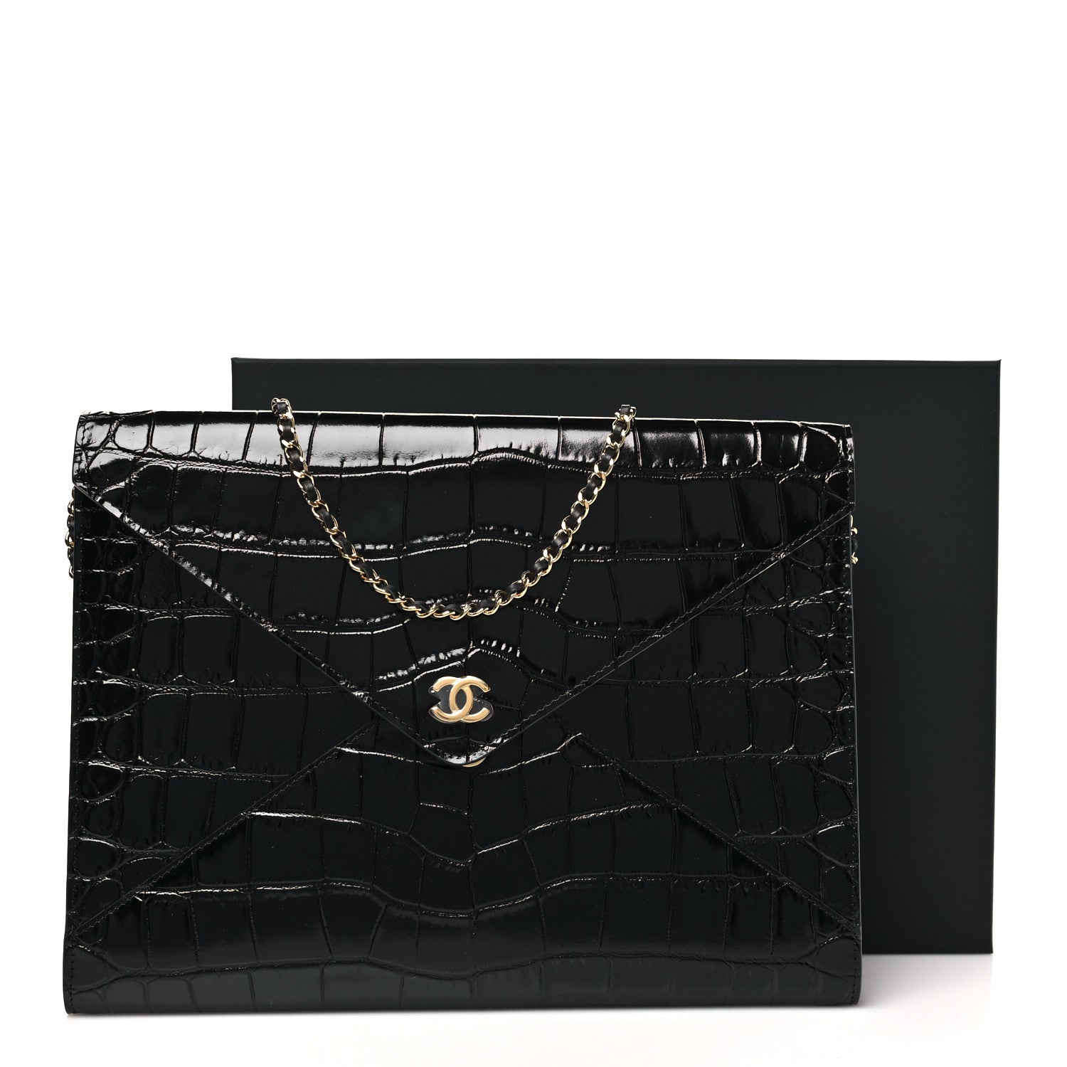Chanel Calfskin Crocodile Embossed Croc Illusion Clutch With Chain  Black