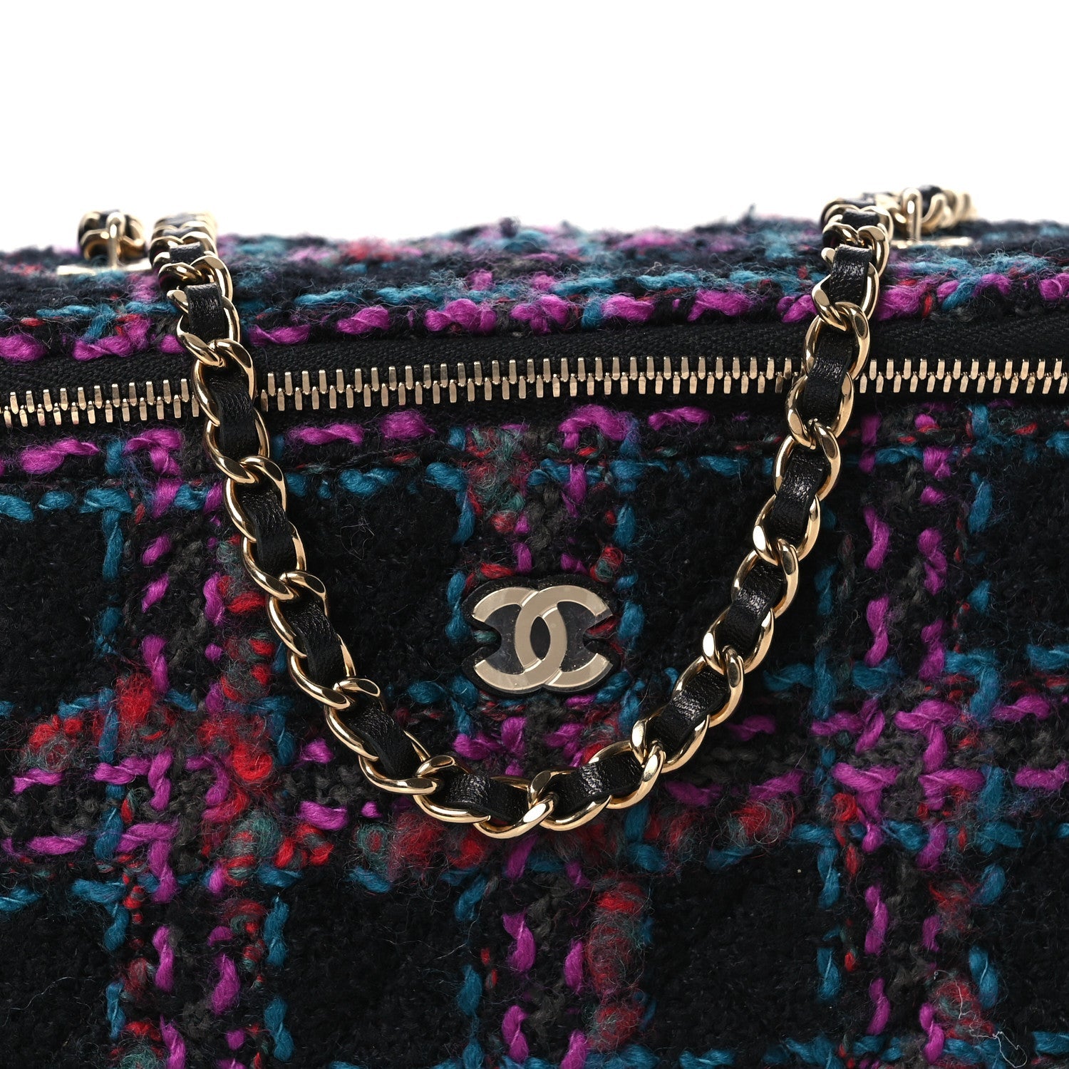 Chanel Tweed Quilted Small Vanity Case With Chain Black Purple Green Red