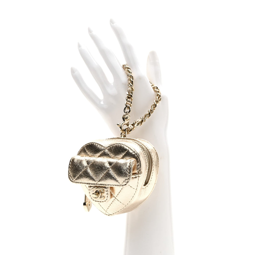 Metallic Lambskin Quilted CC Mini In Love Heart Bag Charm Gold