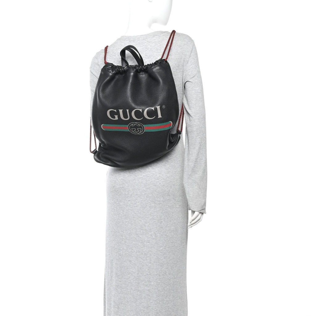 Gucci Calfskin Logo Drawstring Backpack Black