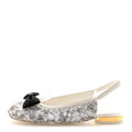 Satin Crystal Lambskin Grosgrain Bow CC Slingback Flats 38.5 White Black