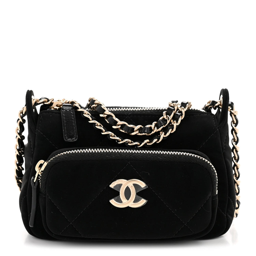 Chanel Velvet Effect Nylon Shiny Crumpled Calfskin Mini Quilted Chanel 25 Clutch With Chain Black