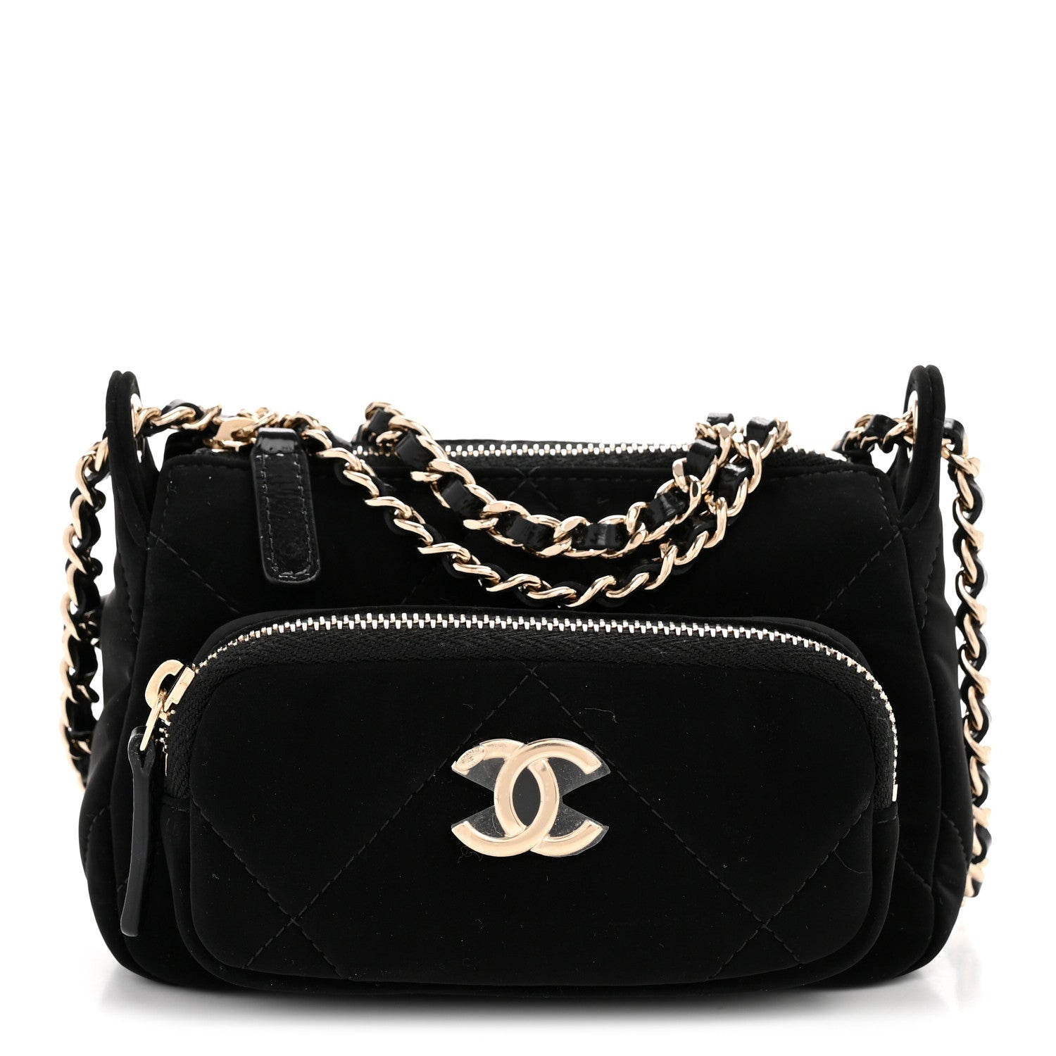 Chanel Velvet Effect Nylon Shiny Crumpled Calfskin Mini Quilted Chanel 25 Clutch With Chain Black