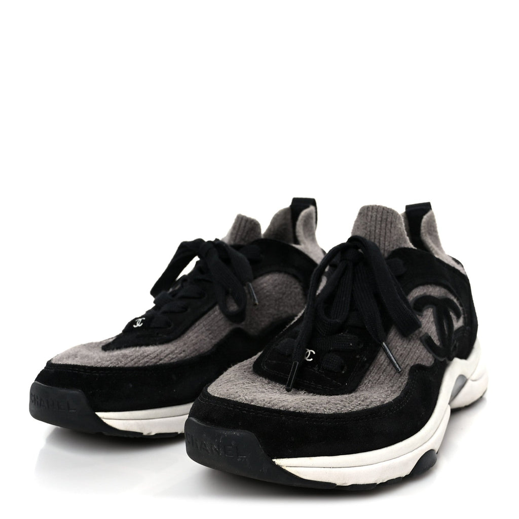 Fabric Suede Calfskin CC Sneakers 38 Gray Black