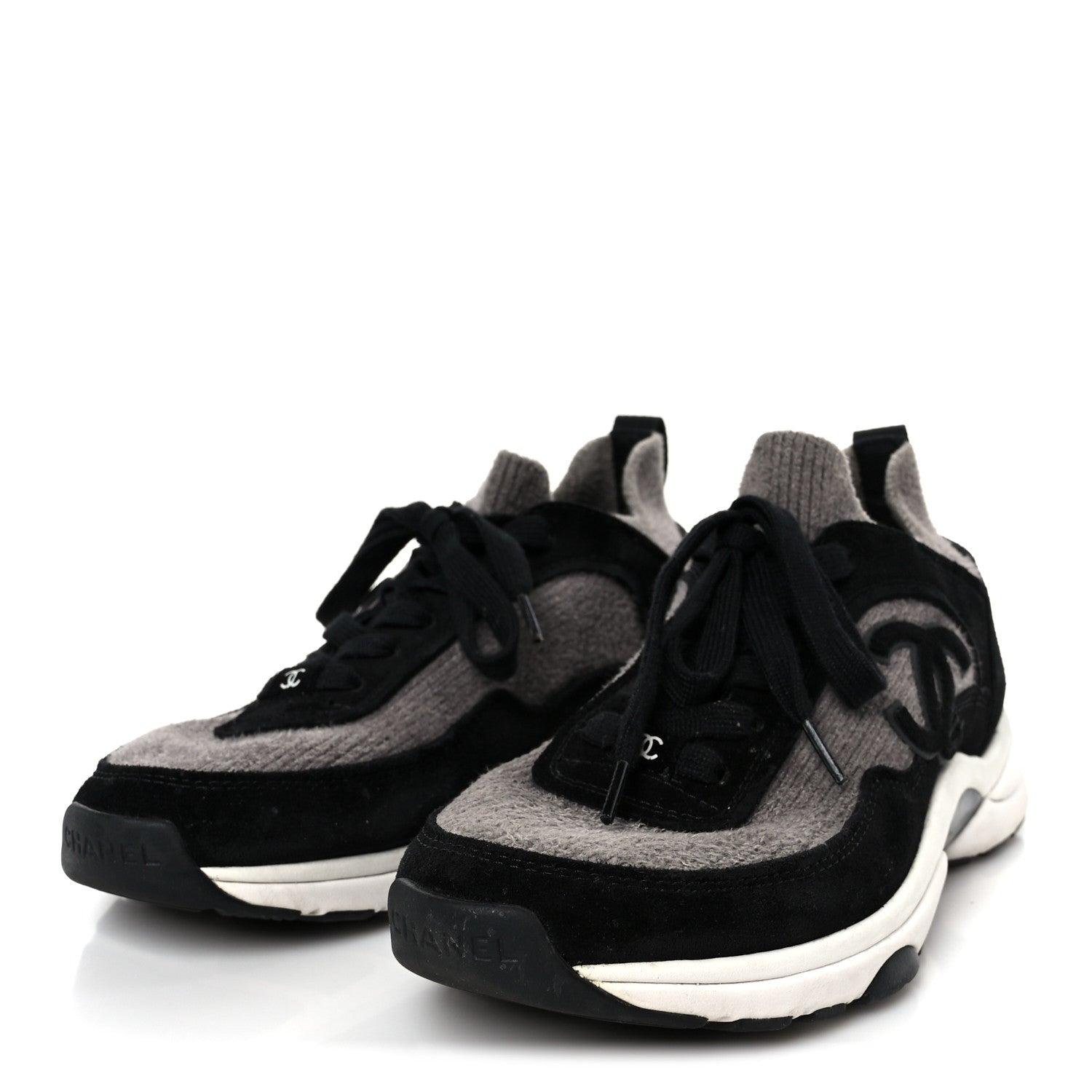 Fabric Suede Calfskin CC Sneakers 38 Gray Black