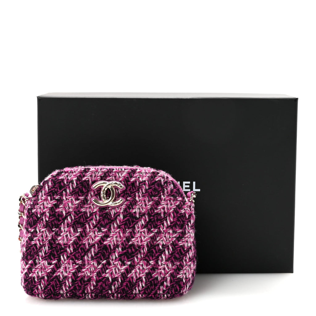 Chanel Tweed Quilted Mini Clutch With Chain Purple