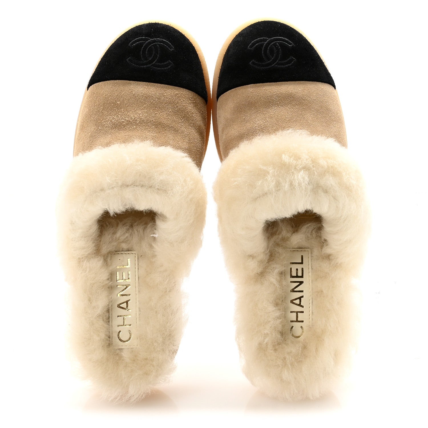 Chanel Suede Shearling CC Cap Toe Mules 36 Beige Black