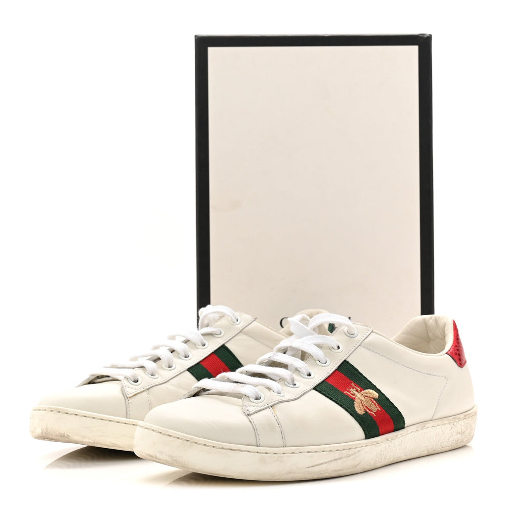 Gucci Calfskin Ayers Bee Embroidered Womens Ace Sneakers 39.5 White Green