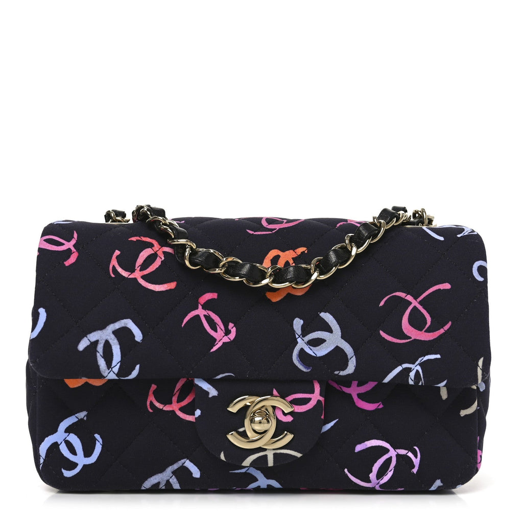 Chanel Printed Fabric Quilted Mini Rectangular Flap Black Pink Blue Yellow Orange