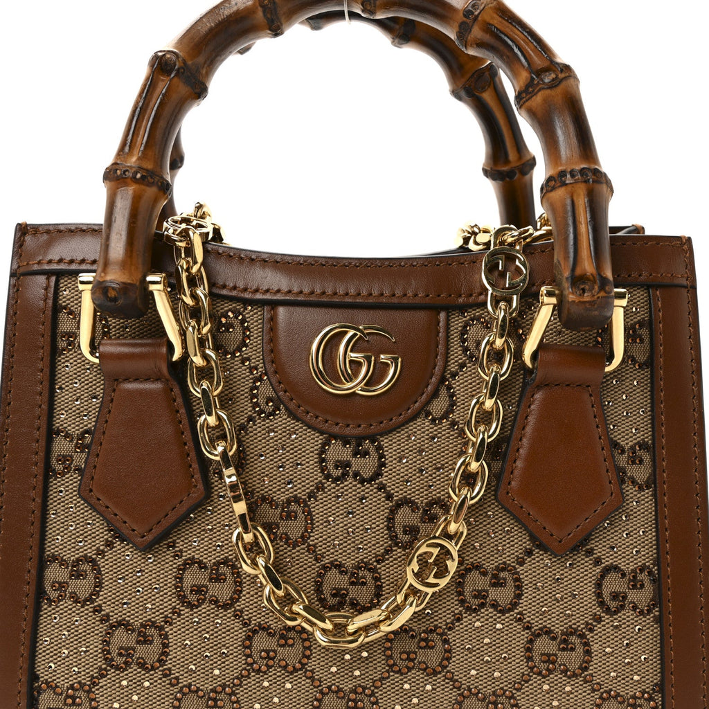 Gucci New Canvas Charisma Calfskin Crystal GG Monogram Mini Diana Tote Bag Camel Ebony