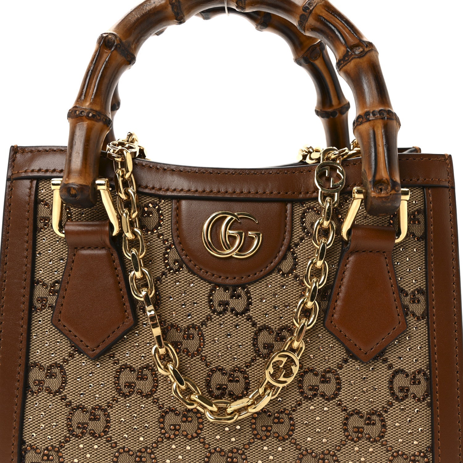 Gucci New Canvas Charisma Calfskin Crystal GG Monogram Mini Diana Tote Bag Camel Ebony