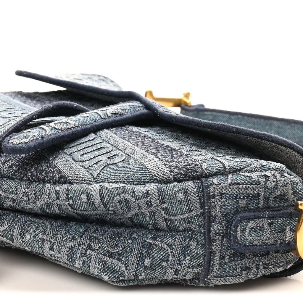 Christian Dior Oblique Embroidered Saddle Bag Denim Blue