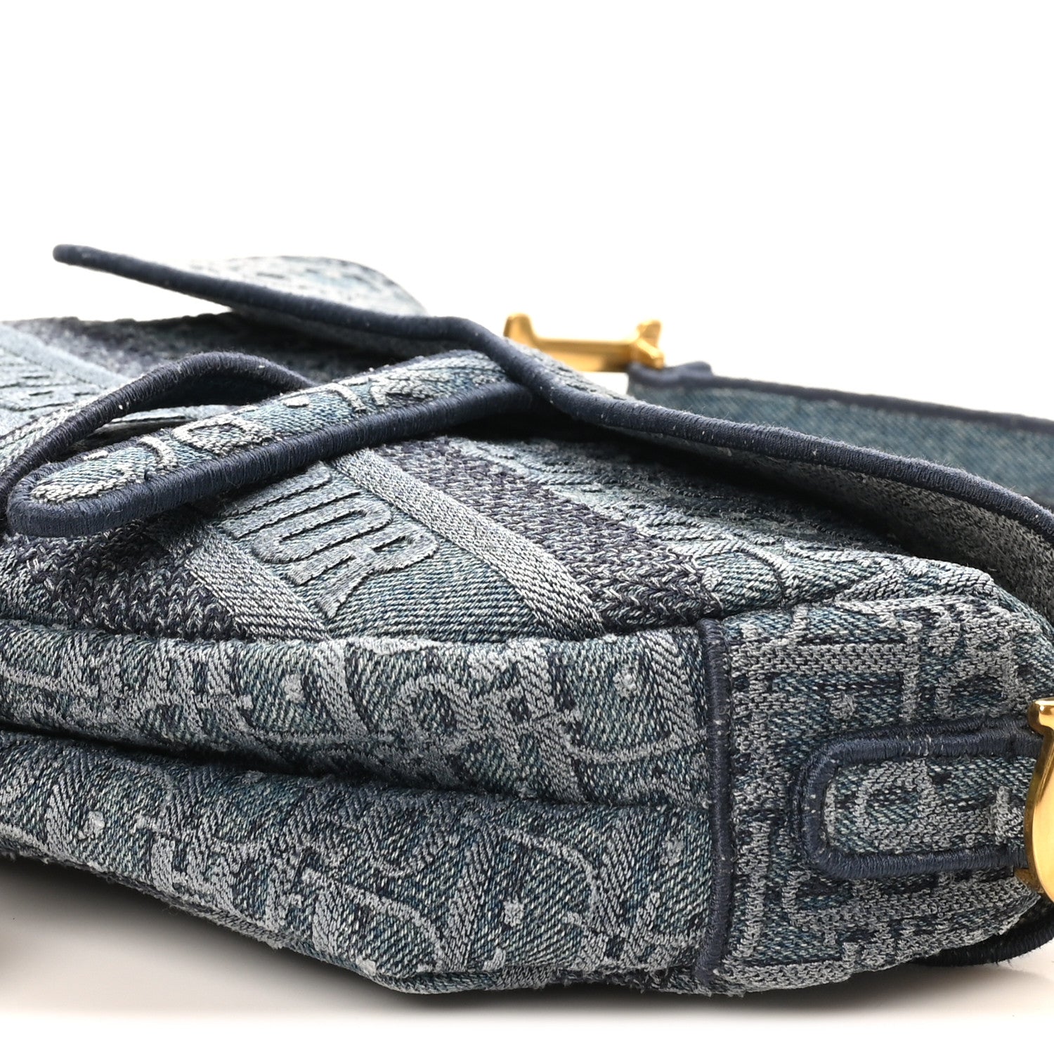 Christian Dior Oblique Embroidered Saddle Bag Denim Blue