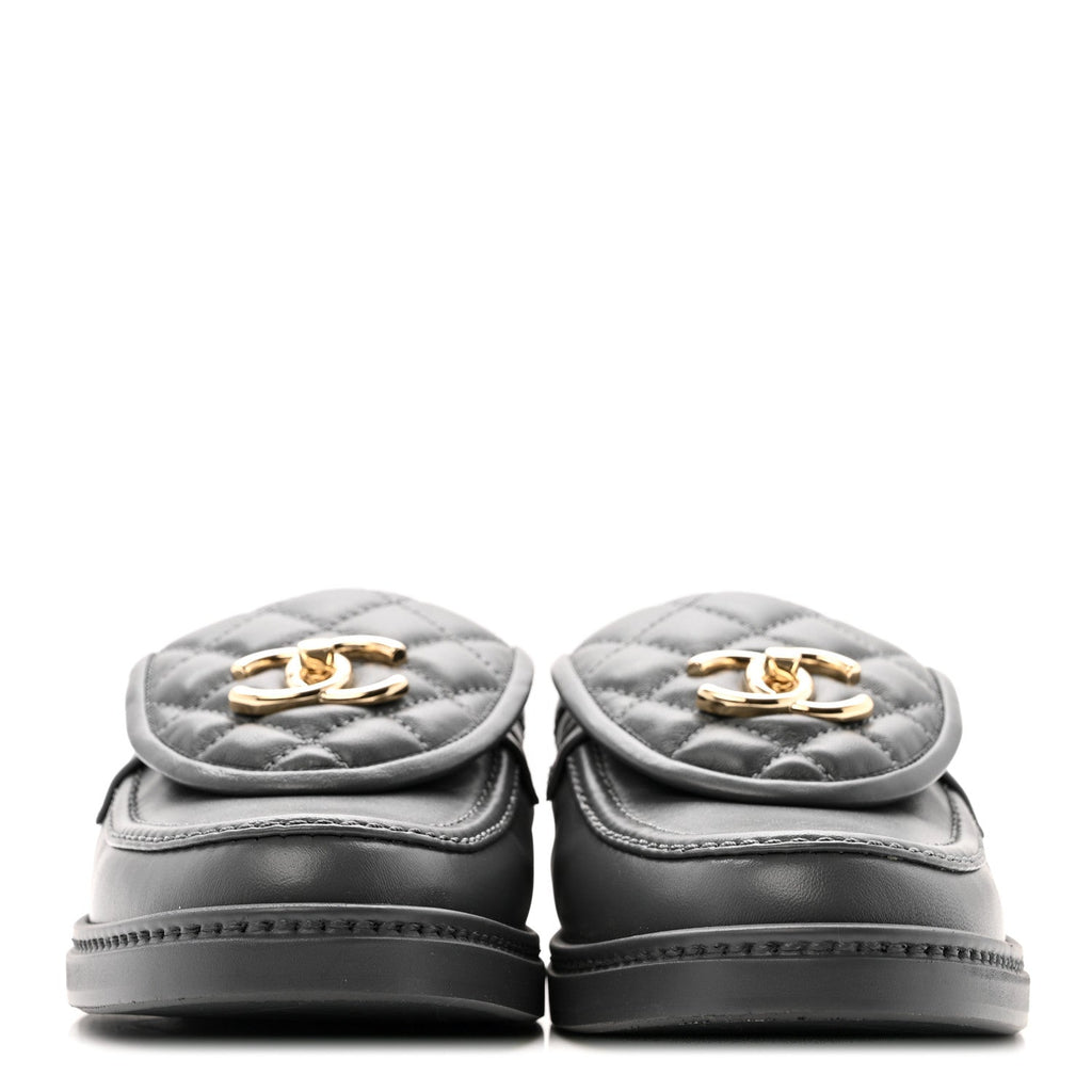 Lambskin Quilted CC Turnlock Mules 37.5 Grey