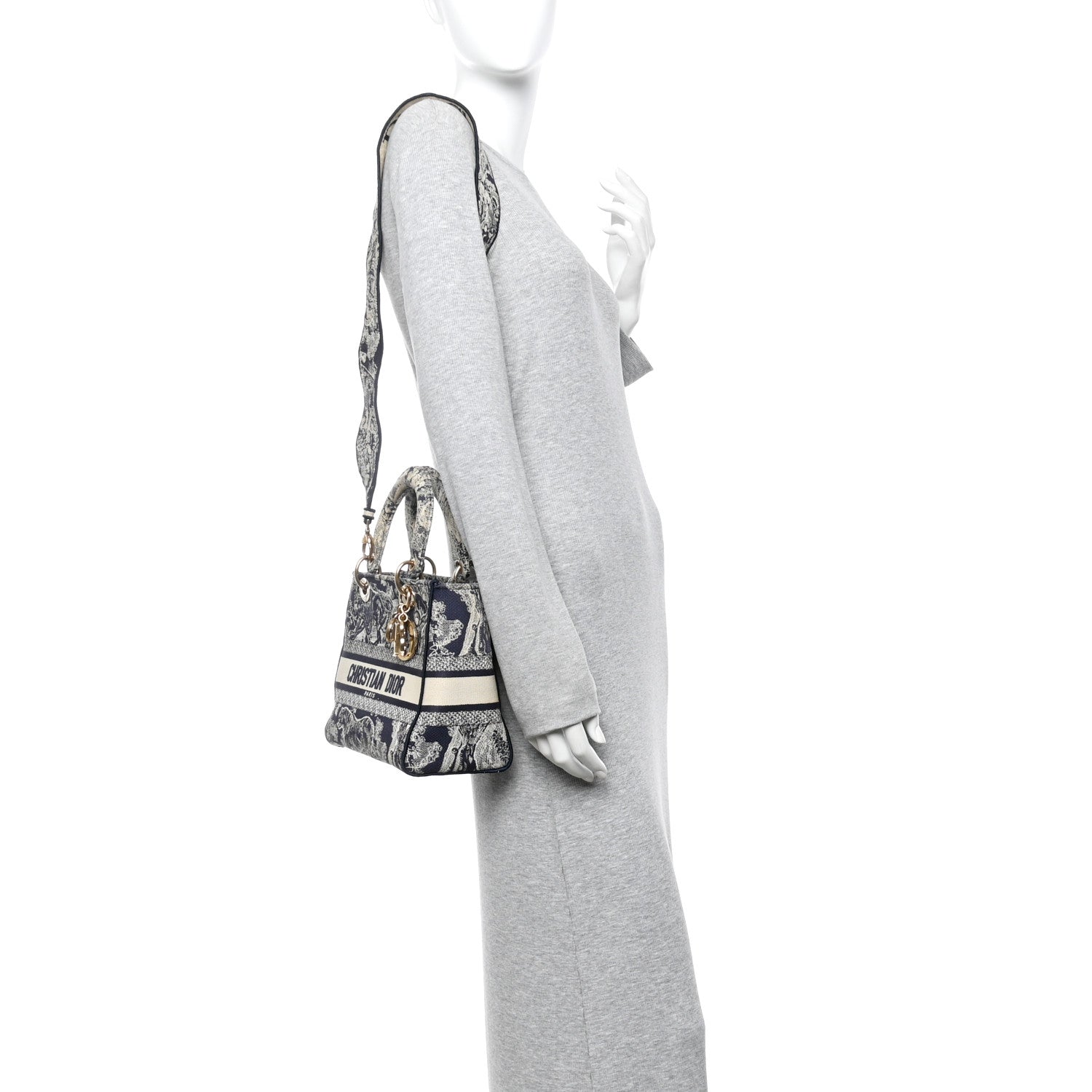 Christian Dior Canvas Toile De Jouy Embroidered Medium Lady D-Lite Navy