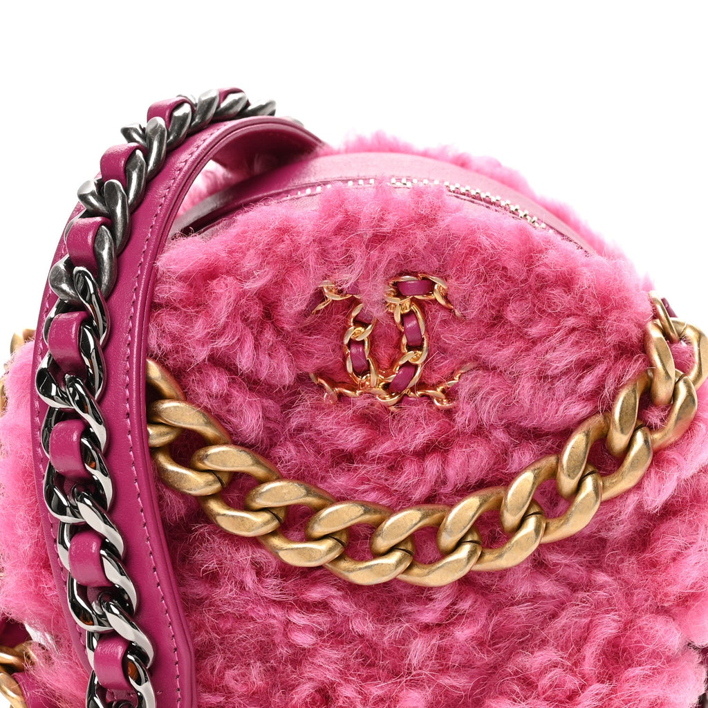Chanel Shearling Sheepskin Chanel 19 Round Clutch With Chain Dark Pink