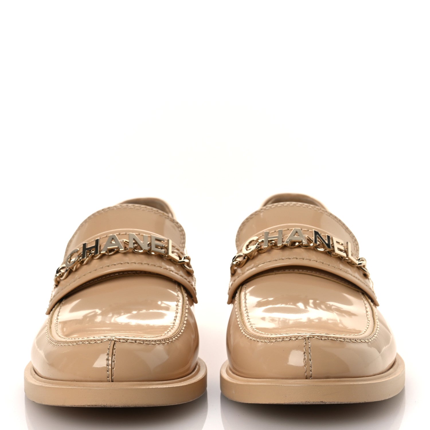 Chanel Shiny Calfskin Logo Loafers 40 Beige