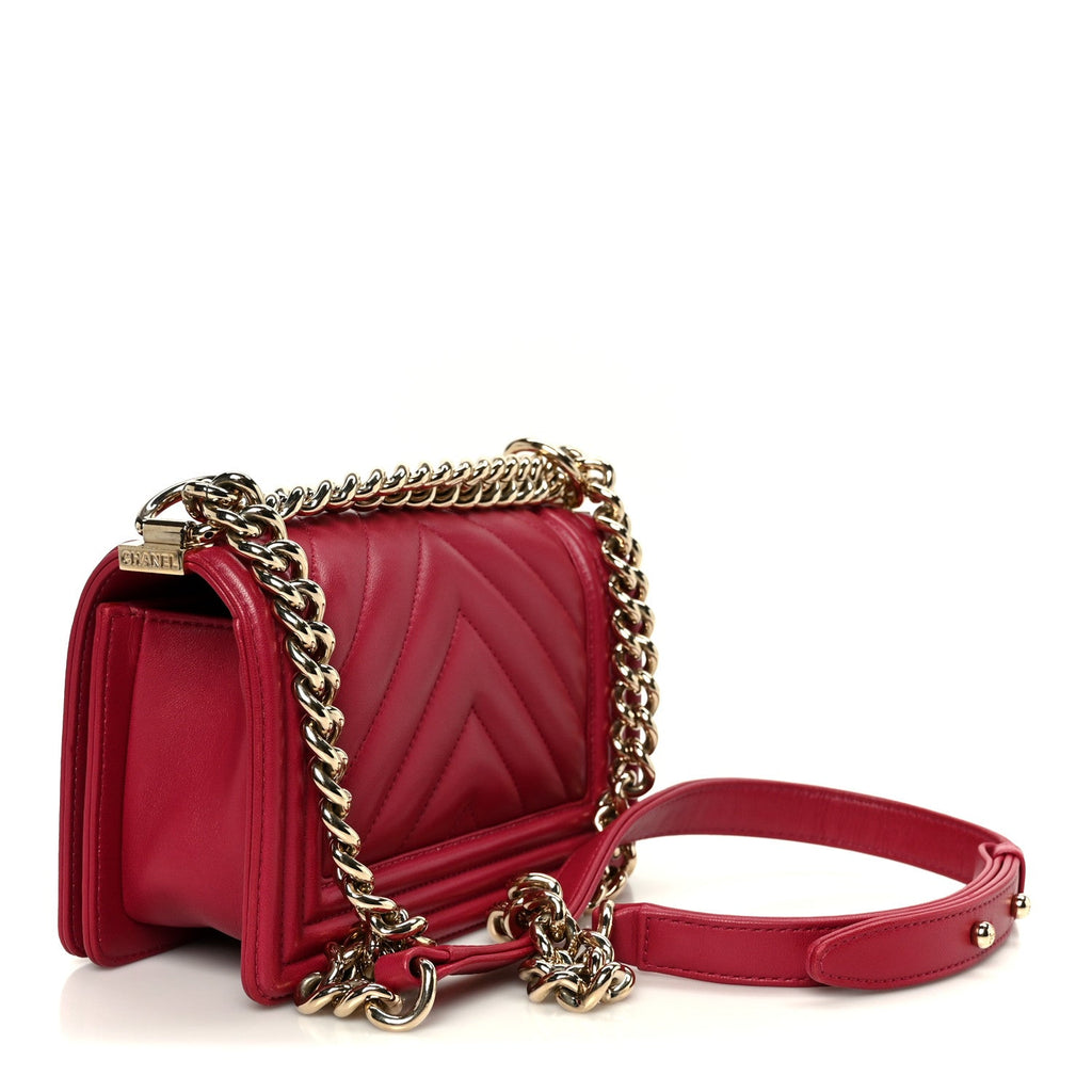Chanel Lambskin Chevron Quilted Small Boy Flap Dark Pink