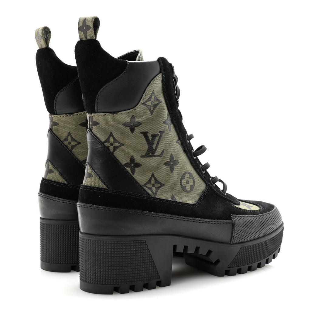 Louis Vuitton Suede Monogram Laureate Platform Desert Boots 37 Kaki Black