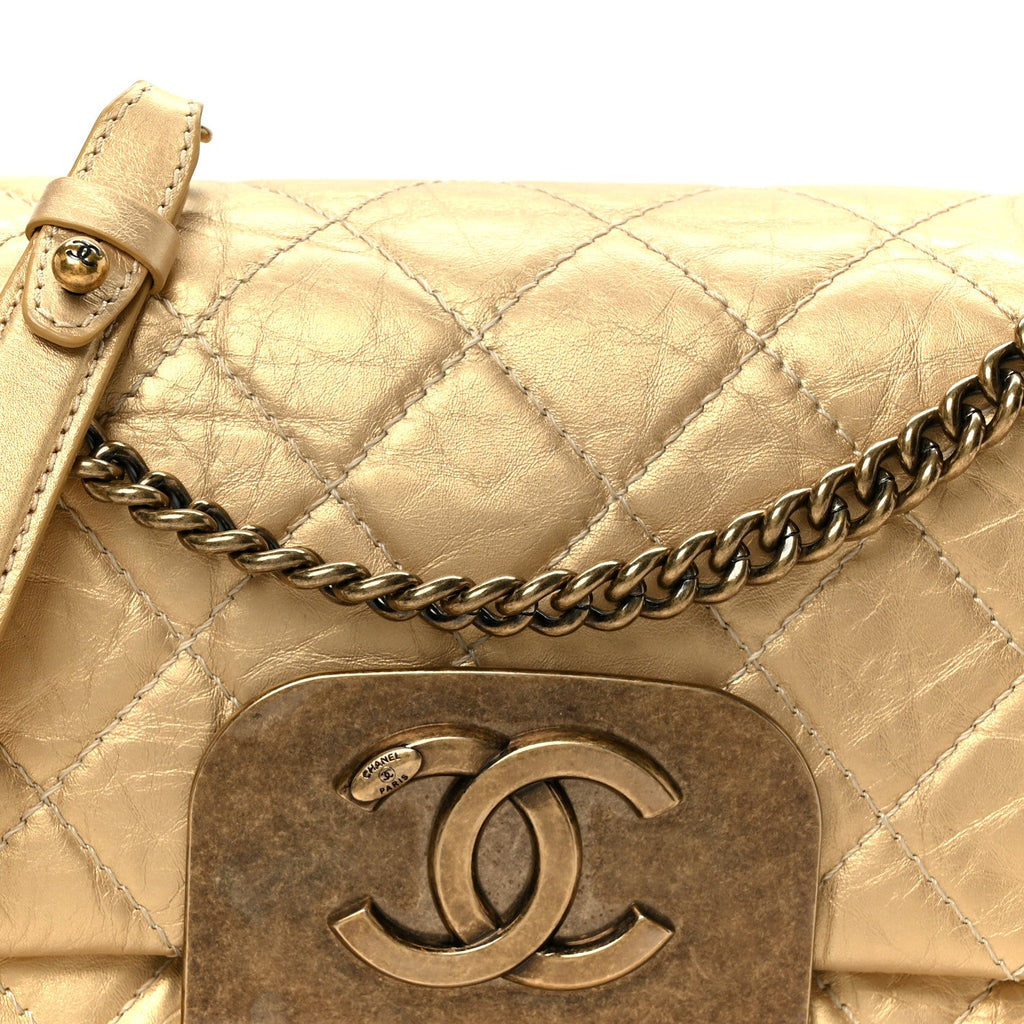 Chanel Metallic Aged Calfskin Quilted CC Square Flap Light Gold