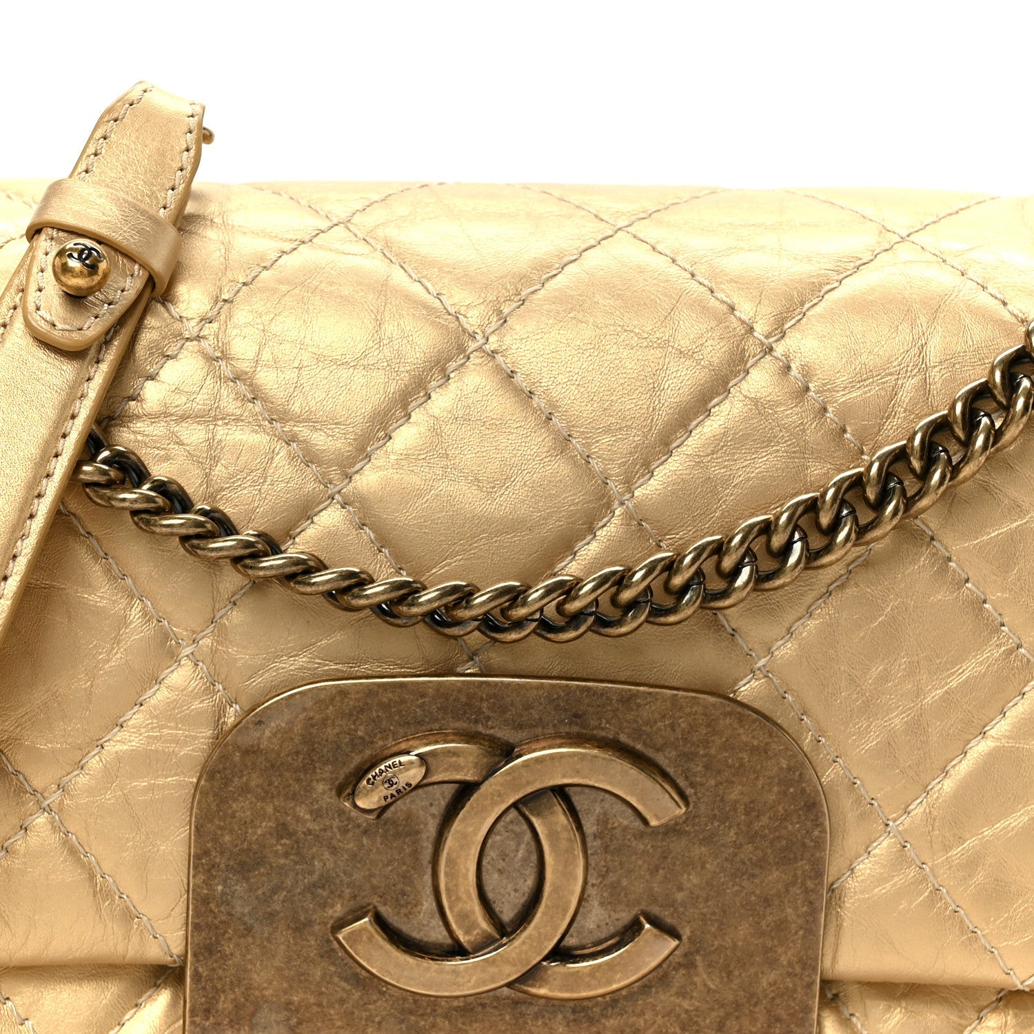 Chanel Metallic Aged Calfskin Quilted CC Square Flap Light Gold