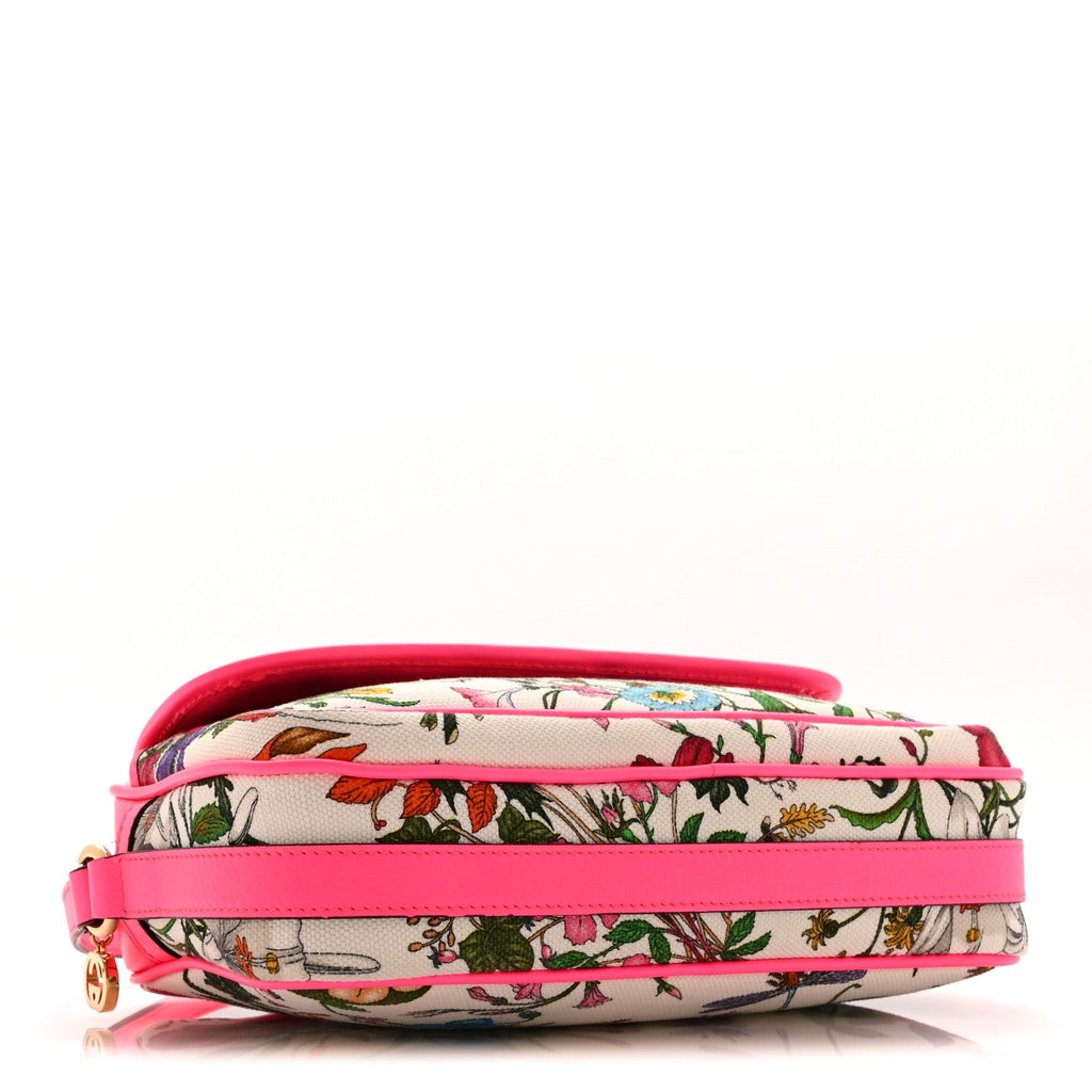 Gucci Canvas Flora Floral Shoulder Bag White Fuchsia Fluo