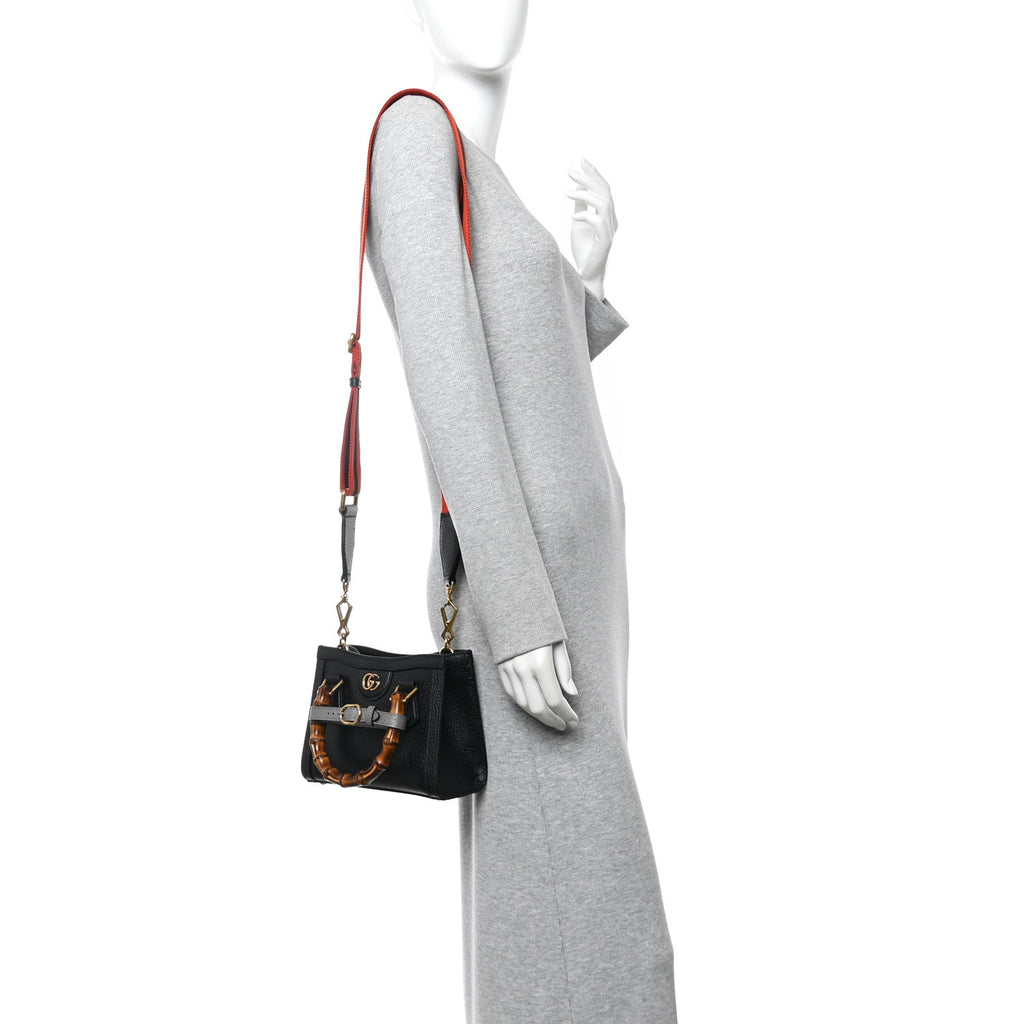 Gucci Textured Dollar Calfskin Web Mini Diana Tote Bag Black