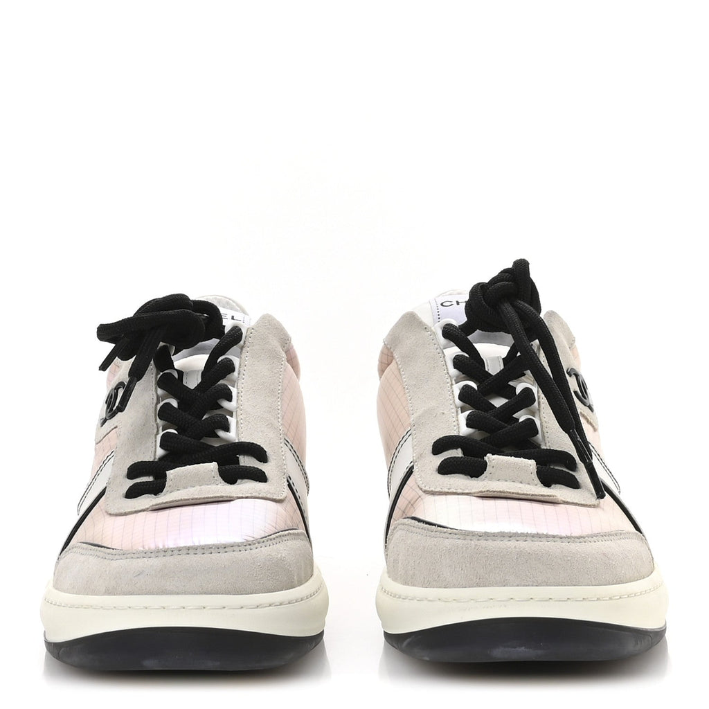 Chanel Suede Fabric Calfskin Womens CC Sneakers 40.5 Pink Grey White