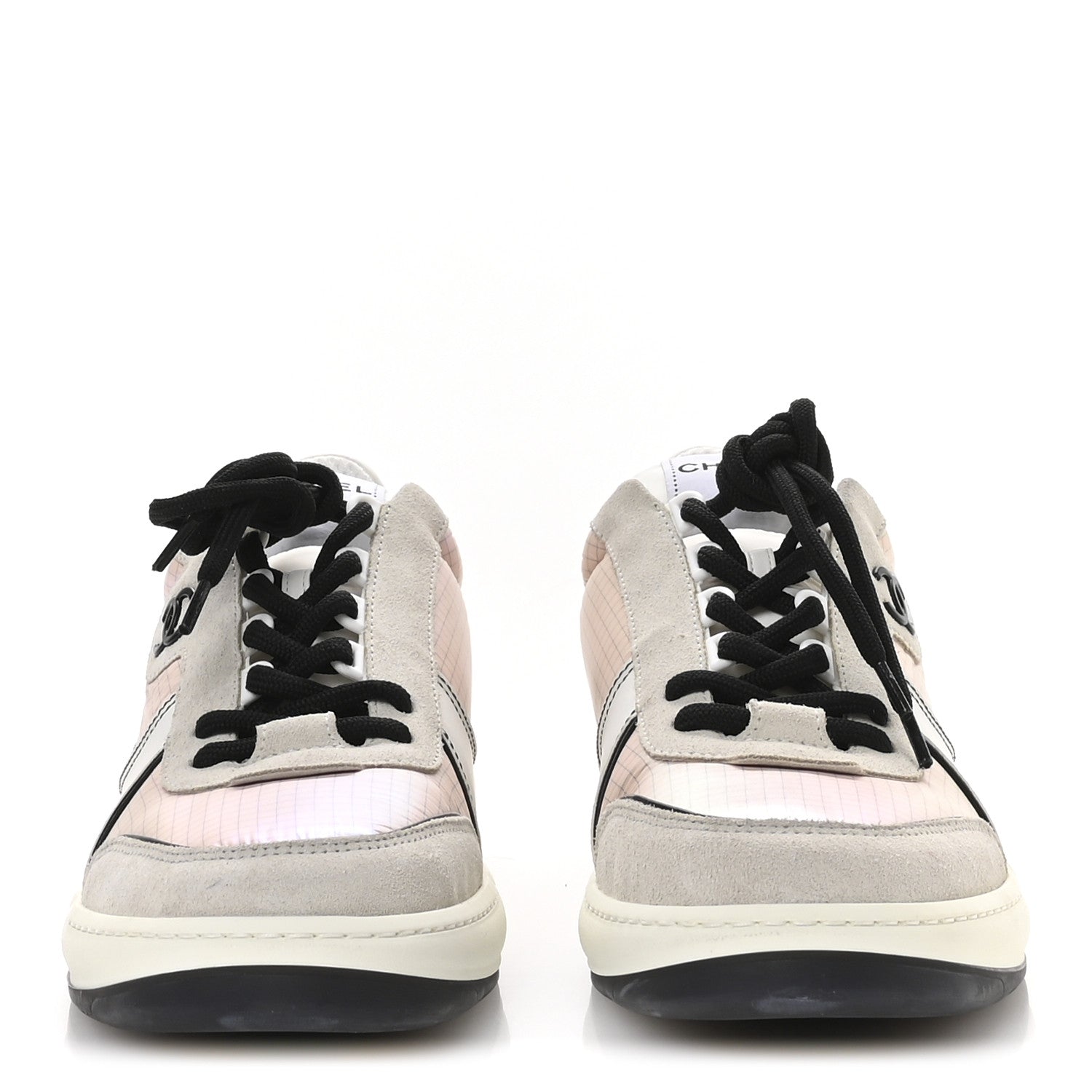 Chanel Suede Fabric Calfskin Womens CC Sneakers 40.5 Pink Grey White