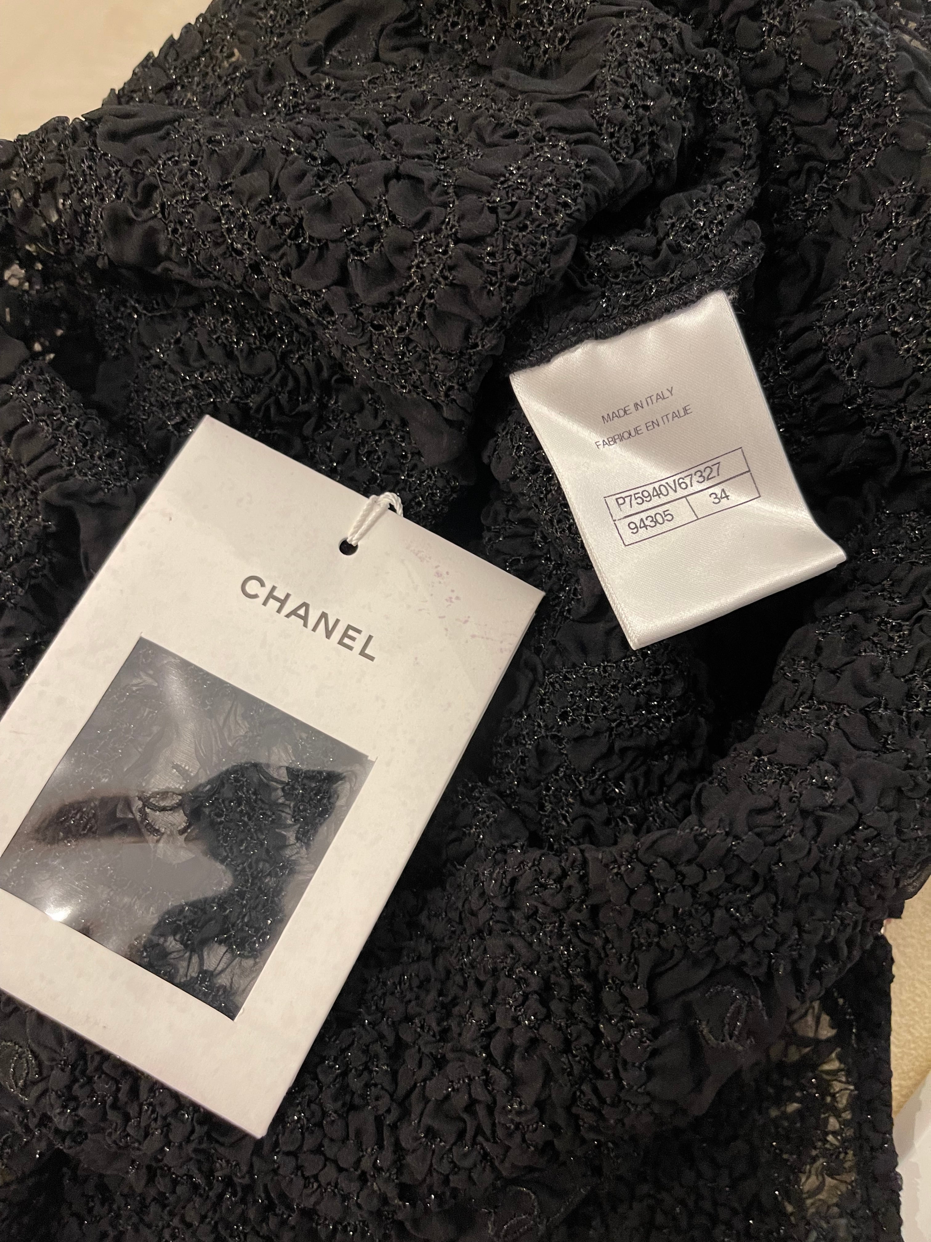 Chanel Black Lace Tulle Top and Cyclist Shorts Set with Camellia Details and Crystal CC Logos Size FR 34 (UK 6)
