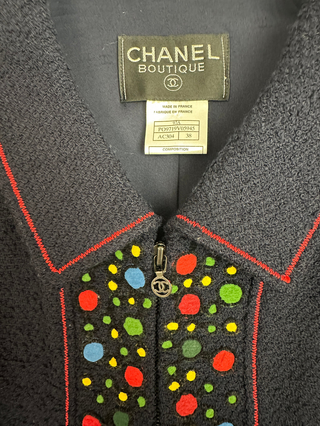Chanel 97A Navy Wool Long Sleeve Jacket and Pencil Skirt Set with Red, Blue, Green and Yellow Neckline Applique Detail Size FR 38 (UK 10)