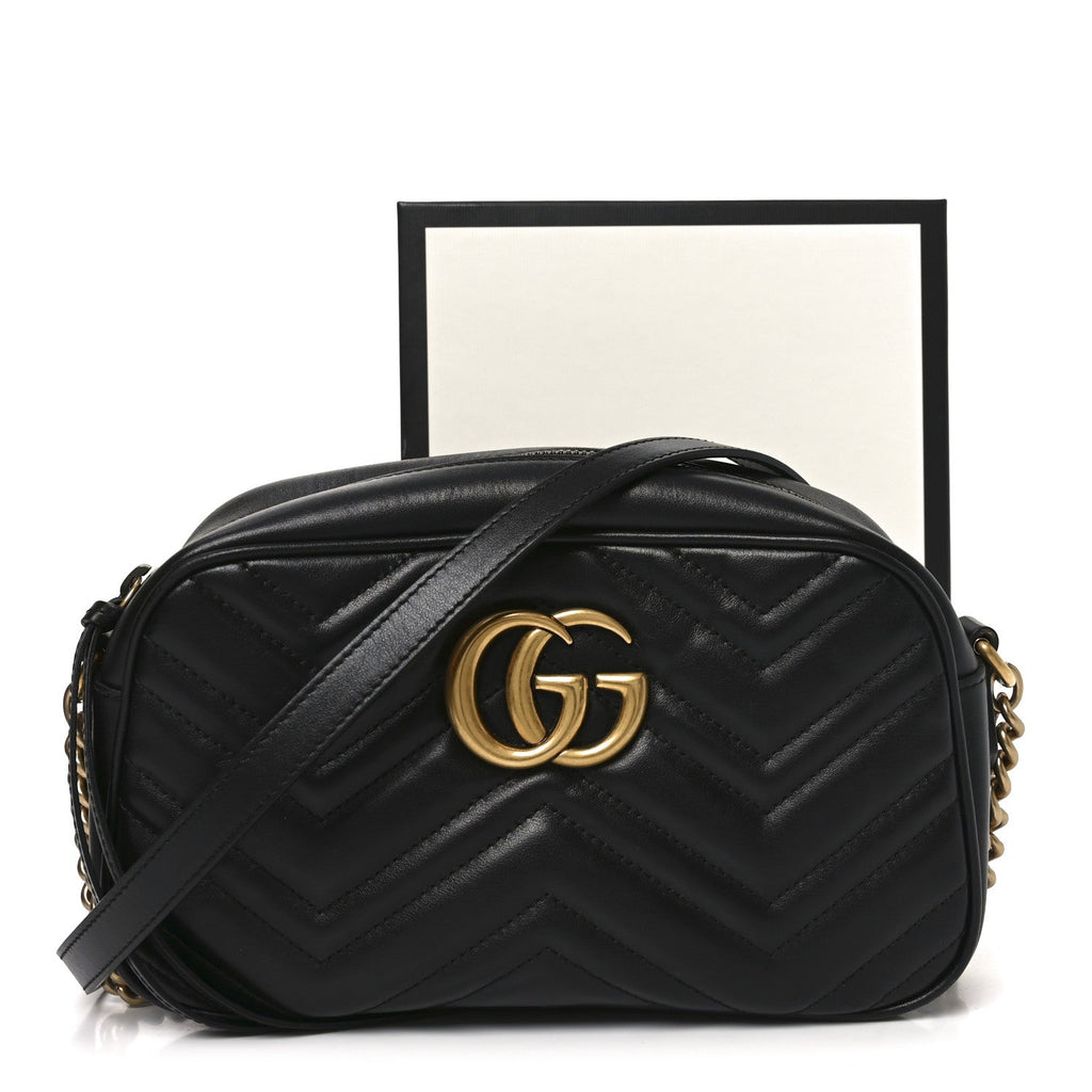 Gucci Calfskin Matelasse Small GG Marmont Chain Shoulder Bag Black