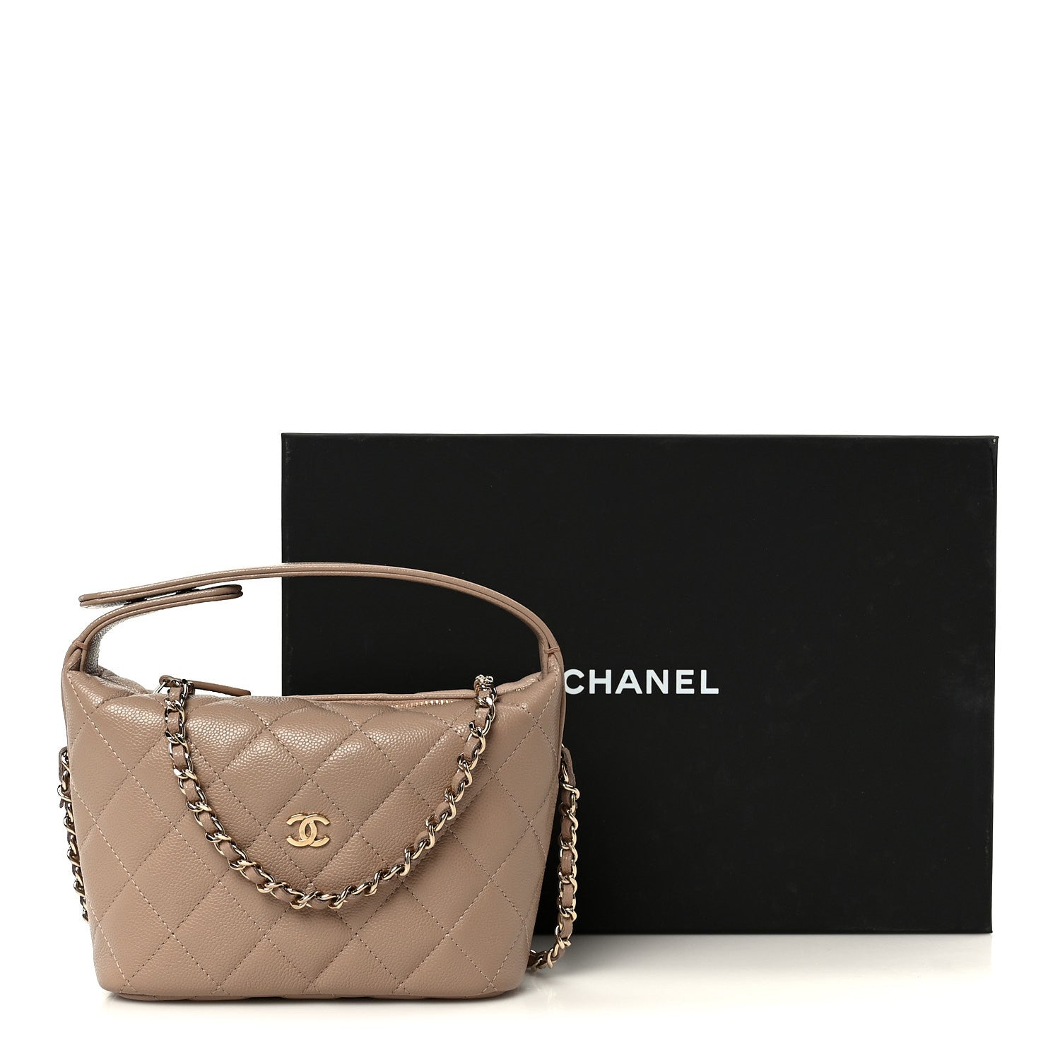 Chanel Caviar Quilted Hobo Clutch With Chain Dark Beige
