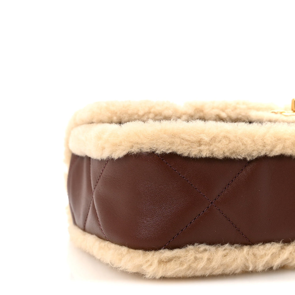 Chanel Shearling Lambskin Quilted Furry Coco Flap Dark Brown Beige