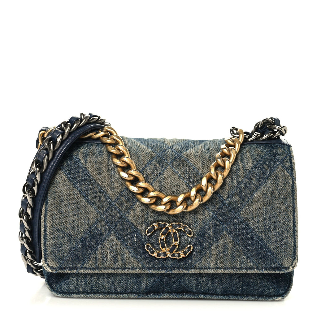 Chanel Denim Quilted Chanel 19 Wallet On Chain WOC Blue